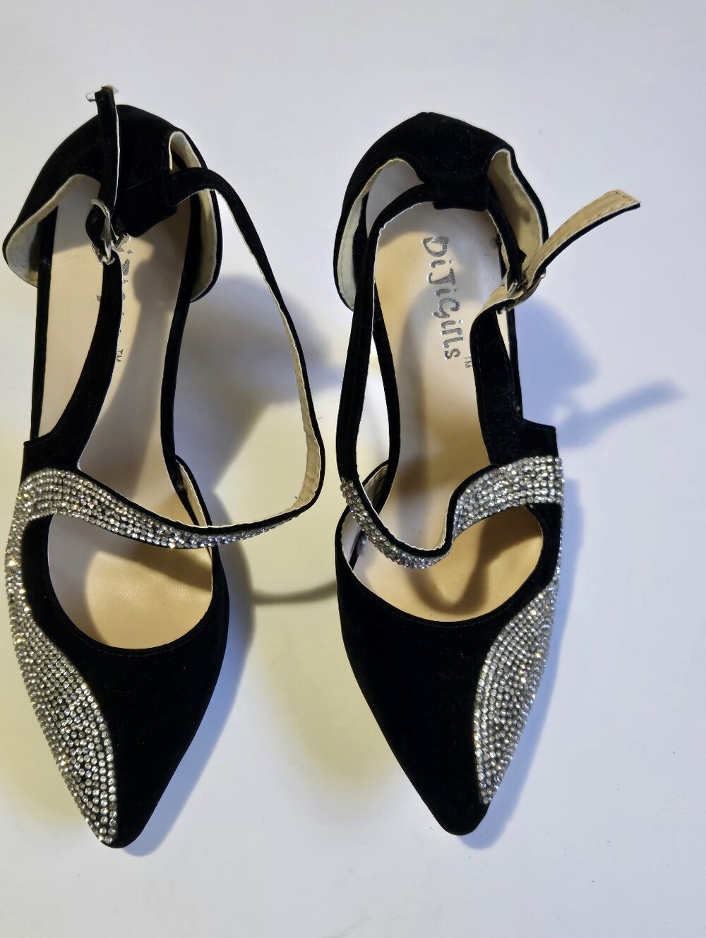 Black Pointed Toe Rhinestone Ankle Strap Heels
